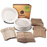 Einweggeschirr von 250 Stück für 50 Personen. Ökologisches Tafelgeschirr aus Zuckerrohr. Enthält 50 Teller, 150 Holzbestecke und 50 Servietten.