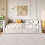 HYSZ Daybett, Tagesbett, 90 x 200cm, Sofabett mit quadratischer Rückenlehne, ausziehbares Bett (ausziehbar auf 180 Queensize), 2 Schubladen, ohne Matratze, Beige