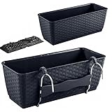 R.G. Blumenkasten Geländerkasten Balkonkasten mit Aufhänfung Hängetopf Blumentopf Rattan Optik Ratolla Halterungen Untersetzer mit Bewässerung Anthrazit (39cm)