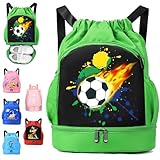 YOUYIKE Schwimmtasche Kinder, Fußball Sportbeutel Junge mit Kordelzug, Wasserdichter Rucksack mit Bodenfach, 30 * 16 * 42 cm Große Kinder-Sporttasche Grün