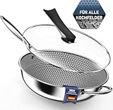 Kiseely Hybrid Wokpfanne mit Deckel 34 cm, Antihaft edelstahl Wokpfanne induktion, Bratpfanne mit Antihaftbeschichtung, Induktionfest pfanne, BPA/PFOA-frei wok (HJ6)