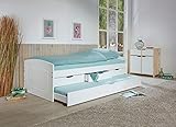 Inter Link - Funktionsbett - Kinderbett - Einzelbett mit Stauraum - Bett mit Schubladen - 2 Liegeflächen 90x200cm - 3 Schubladen - Kiefer massivholz - ohne Lattenrost - Weiß lackiert - Rieka 90x200cm