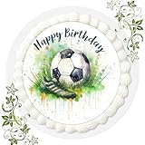 Für den Geburtstag ein Tortenbild, Zuckerbild mit Motiv, Essbares Foto für Torten, Tortenbild, Tortenaufleger Ø 20cm FONDANT Fussball Happy Birthday Nr. Q 1