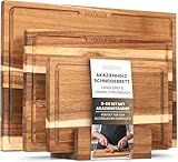 EDELHAUS Schneidebrett Holz 3er Set (40x30cm / 33x24cm / 26x18cm) Holzschneidebrett aus Massiver Akazie - 2cm dicke Holzbretter Küche mit Saftrille - Design Cutting Board Schneidbrett Set