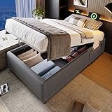 Polsterbett 90×200 cm, Boxspringbett mit Bettkasten, Hydraulisch Einzelbett mit Stauraum und Vollflächiger Lattenrost, Ohne Kopfteil, Bettgestell mit USB-C Ladestation, Baumwolle (Grau, 90×200 cm)