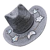 Generisch Lichtfangender Stroh Cowboyhut Für Damen | Stroh Cowboyhut Mit Breiter Krempe | Uv Schutz Strohhut Cowgirlhut Für Damen Mit Mond Und Stern | Stilvolle Strohhüte Für Damen