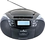 SCHWAIGER 658026 CD-Player mit Kassette und Radio MP3 USB Anschluss FM Radio AUX Kopfhörer Boombox Netz- und Batteriebetrieb Display tragbar schwarz