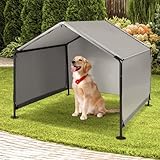 A.FATI Hundehütte Outdoor für Kleine bis Große Hunde, 125x125x110 cm, Wasserdicht Hundezelt mit Rückentür und künstlichen Weinreben, Hundeliege mit Dach für Hühner, Katzen, Farbe in Grau