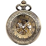 ManChDa Taschenuhr für Herren, spezielle Lupe, mechanisch, Handaufzug, Halbjäger, römische Ziffern, Antike Bronze Taschenuhr mit Kette