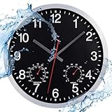 ACCSHINE Outdoor Wasserdicht Wanduhr Mit Thermometer und Hygrometer Anzeige Wanduhr Ohne TickgeräUsche Lautlos 30cm Quarz Batterie Betriebene Groß Deko Garten Wand Uhr (Schwarz)