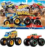 Hot Wheels Monster Trucks Demolition Doubles , 2er-Pack mit verschiedenen Modellen, ink. detaillierte Statistiken zur Stärke, riesige Räder und abgefahrene Details, Design kann variieren, FYJ64