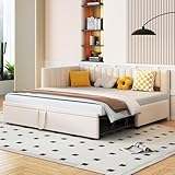 Lcoho Multifunktionales L-förmiges Schlafsofa mit Ausziehbett (90/180x200cm), Polsterbett in Samtstoff, platzsparendes Design für Kinderbett, Gästebett (Beige)
