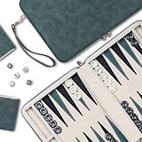 Backgammon-Sets für Erwachsene, klassisches Brettspiel mit faltbarem Leder-Backgammonetui, tragbares Reise-Backgammon-Set, inklusive 30 künstlichen Horn-Checkern (Green)