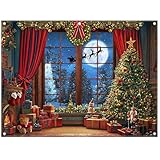 Luminora Frohe Weihnachten, Bodenfenster, Mond, Rentier, Hintergrund, Weihnachtsbaum, Weihnachtsmann, rote Vorhänge, Hintergrund, Feiertagsdekorationen, Party-Fotobanner, 2,4 x 1,8 m