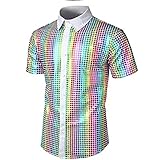 Pailletten Hemd Herren Glitzer T-Shirt Herren Pailletten Knopfleiste Kurzarm Hemd 70er Jahre Disco Party Kostüm Motto Party Hippie Silvester Karneval Fasching Jungen Pailletten Glitzer Hemd