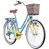 Galano 26 Zoll Cityrad Belgravia 6 Gang Damenfahrrad Mädchenrad Citybike mit Korb (hellblau/gelb, 46 cm)