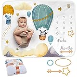 Baby-Meilenstein-Decke | Monatliche Fotomatte für Neugeborene Jungen oder Mädchen, Unisex | Ballon-Thema | Personalisiertes Babyparty-Geschenk für neue Mütter | Altersmatte | inkl. farbigen Rahmen