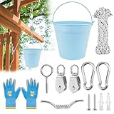Jeinbuil Flaschenzug Kinder, Gartenspielzeug mit Metalleimer Spielturm Zubehör Spielhaus Outdoor Zubehör für Kinder ab 3 Jahren