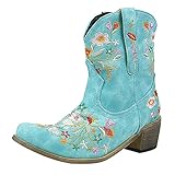 Cowboy-Stiefeletten für Damen – Western-Stiefeletten mit spitzem Zehenbereich, modischer Druck, klobiger Absatz, Chelsea-Stiefel, weich, bequem, kurz, Leder, Cowboystiefel für Damen, breite Passform,