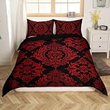 Homemissing Vintage Damask Floral Bettwäsche Set 135x200cm Böhmisch Exotisch Gothic Bettbezug Set Schwarz Rot Oriental Antique Gotik Bohemia Boho Blumen Betten Set 2Stück
