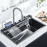 Küchenspüle aus Edelstahl mit Wasserhahn, großer Einzelschüssel mit Wasserfall- Sprinkler und Regenfunktion, 4-Funktionen System, Spülbecken Spüle Anthrazit