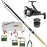 Raubfisch Angelset Kompakt | Komplette Combo in Tasche mit Teleskoprute + bespulte Stationärrolle + Ersatzspule + Hakenlöserzange + Angelzubehörbox für Forellen, Barsche, Hechte, Zander uwm