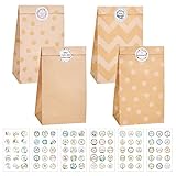 KASZOO Papiertüten Braun, 40 Stück Kraftpapiertüten Geschenktüten Papier Braune Tüten Papier mit 90 Aufkleber (Auf Deutsch) Papiertüte zum Verpacken von Geschenken, Giveaways, Kindergeburtstag