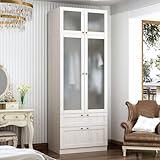 MOUMON Kleiderschrank mit 2 Glastüren und 2 Schubladen, Kleiderschrank mit Kleiderstange, Würfelaufbewahrung, Schrank für Schlafzimmer, Holzmaserung (B x T x H): 80 x 50 x 210 cm