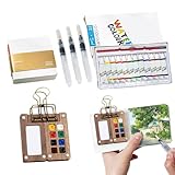 Tragbares Mini-Aquarell-Paletten-Set, Holzgitter, Farbkasten, Taschenkünstler, Aquarell-Reise-Set mit Aquarell-Papierblock, Aquarell-Skizzenbuch, Aquarell-Pinselstiften und Binder-Clips