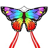 Flying Hoofer Bunt Schmetterlingsdrachen für Kinder & Erwachsene (55''X29''Regenbogen) - einfach zu fliegen für Strand, Anfänger & Familienspaß, großer Einleiner-Drachen mit 300 FT Schnurgriff.