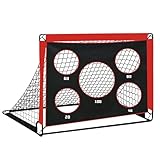 Fitencexu Fußballtor Kinder mit Glasfaser-Rahmen – 5-Loch Torwand + 3 Zielscheiben & 6 Hindernisse. Wetterfestes 120x90cm Set für Garten-Training, faltbar mit Tragetasche & Erdspießen (Rot)
