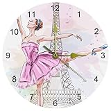 Ballerina tanzt auf Eiffelturm Wanduhr, 25,4 cm, leise, nicht tickend, Quarz, batteriebetrieben, runde Wanduhren für Zuhause/Büro/Schuluhr