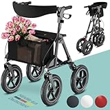maxVitalis Rollator faltbar und leicht mit Sitz, Outdoor Rollator mit Luftbereifung inkl. Sitzfläche, Rückengurt, höhenverstellbare Gehhilfe aus Aluminium inkl. Tasche und Stockhalter Anthrazit