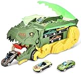 Fullware Spielzeugautos,Dinosaurier Spielzeug mit 6 Zufällig Rückzieh-Autos, verwandelbares Dino-Schluckauto, Rennstreckenmodus, Baby Geschenk Junge 4 5 6 7 8 9 10 Jahre (dunkelgrün)