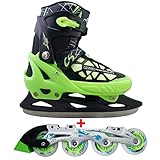 Cox Swain Blake 2in1 größenverstellbare Kinder Inline Skates und Schlittschuhe mit Alu Rollenschiene und PU Leuchtrollen sowie ABEC 7 Kugellagern, Colour: Black Green, Size: XS (29-32)