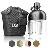 Ganzoo Feldflasche 1 Liter inkl. Trinkbecher (Kochbehälter) aus Aluminium, Bundeswehr-Flasche/Alu Travel Bottle + Stofftasche in Schwarz