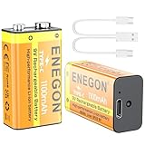 ENEGON 2er-Pack 9V wiederaufladbare Lithium-Batterien, 1100mAh (9900mWh) mit USB-C-Schnellladung – Hochleistungs-6F22-Batterien für E-Gitarren, Motoren, Rauchmelder, Mikrofone und mehr
