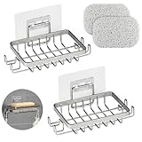 YoHyien 2 Stück 304 Edelstahl Seifenhalter Dusche, Seifenschale Wandmontage ohne Bohren, Seifenschale Selbstklebend mit Haken & Seifenkissen, Seifenablage für Badezimmer und Küche (Silber)