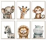 JINZUNRUI Bilder Kinderzimmer Deko, 6er Set DIN A4 Kinderzimmer Poster Tiere Wandbilder Poster Set, Bilder Babyzimmer Wanddeko Mädchen und Jungen Babyzimmer Deko - ohne Bilderrahmen