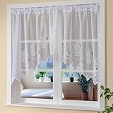 Scheibengardine Kurzvorhang mit Spitzen Design zarte durchscheinende Gardine in Küche, Wohnzummer Landhausstil (Weiß,200 * 100cm B*H)