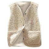Vinuwu Weste Damen Ärmellose Fleeceweste Damen Einfarbig V-Ausschnitt Knöpfen Teddy Weste Damen Fell Weste Kurz Plüschweste Damen Weste (DE/NL/SE/PL, Alphanumerisch, L, Regular, Regular, Beige)