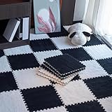 LULUMAIC Puzzle-Spielmatte, 48-teilig, Teppichfliesen, ineinandergreifende Schaumstofffliesen, Plüsch-Spielmatte, Wohnzimmer, 11,8 x 11,8 Zoll (Schwarz+Weiß 0,23 Zoll)
