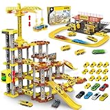 LumenVela Parkhaus für Kinder, 203 Stück Parkgarage 4 Stockwerke Autogarage Kinder mit 1Betankung, 1 Kran, 18 Wagen, Tankstellen für 4 5 6 7 8 9 10 Jahre