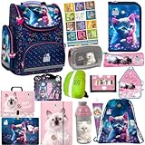 Goldkids - Schulranzen für Jungen und Mädchen, 15er-Set - Schul-Rucksack für Kinder mit Federmäppchen - Schuhbeutel Malunterlage Sammelmappe und Hausaufgabenheft - Katze Motiv - 1-3 Klasse
