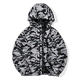 JOYSON Regenjacke für Kinder, Jungen, leicht, wasserabweisend, Windbreaker, atmungsaktiv, Oberbekleidung, Regenmantel mit Kapuze, Schwarz / Grau Camo-1, 9-10 Jahre