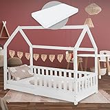 ML-Design Kinderbett 80x160 cm Weiß mit Matratze, Rausfallschutz, Dach und Lattenrost, Spielbett, Hausbett für Mädchen und Jungen, Bettenhaus aus Kiefernholz, Bodenbett Jugendbett Kinderhaus Holzbett