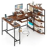 GIANTEX Schreibtisch mit Ladestation, Eckschreibtisch mit Bücherregal, Computertisch Gaming Tisch L Form, Bürotisch PC Ttisch mit Tastaturauszug & Haken, Arbeitstisch Winkelschreibtisch für Büro Braun