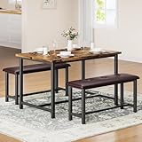 Esstisch mit 2 Bänken，Essgruppe 3-teilig Esszimmergruppe für 4 Personen Küchentischset mit Metallgestell 2 Polsterbänke Rechteckig Küchentisch-Set für Wohnzimmer, Esszimmer, Küche, Vintagebraun