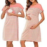 Litherday Stillnachthemd Damen Kurzarm Nachthemd Streifen Umstandskleid Nachtwäsche Baumwolle Nachtkleid Kurze Ärmel Rundhals Sleepwear für Schwangere oder Stillende, Rosa, S