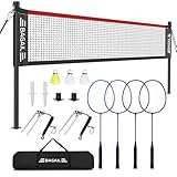 BAGAIL Professionelles Badmintonnetz-Set, TurnierschANDARD 6,1m x 1,55m, Allwettertauglich PE-Netz, 5-Minuten-Montage, Mit 4 Schlägern, 3 Schittern und Tragetasche